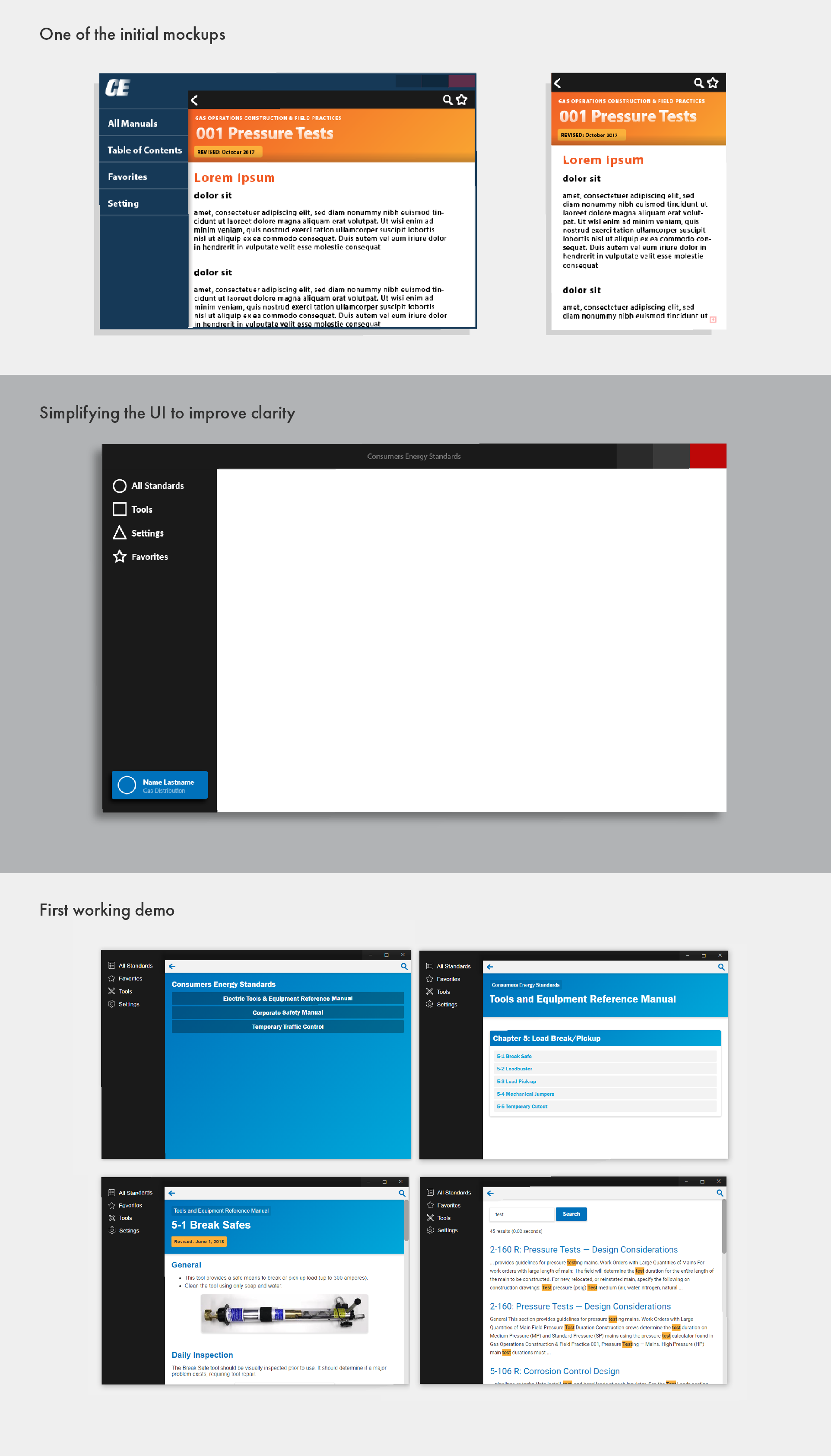 A set of screenshots showing the design iterations app went through