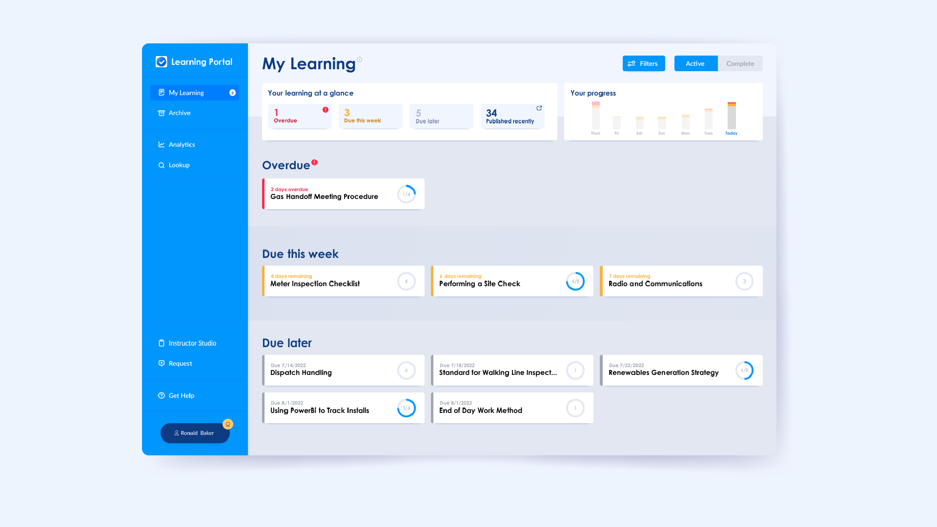 Learning Portal interface showing open, overdue and remaining tasks for a user.